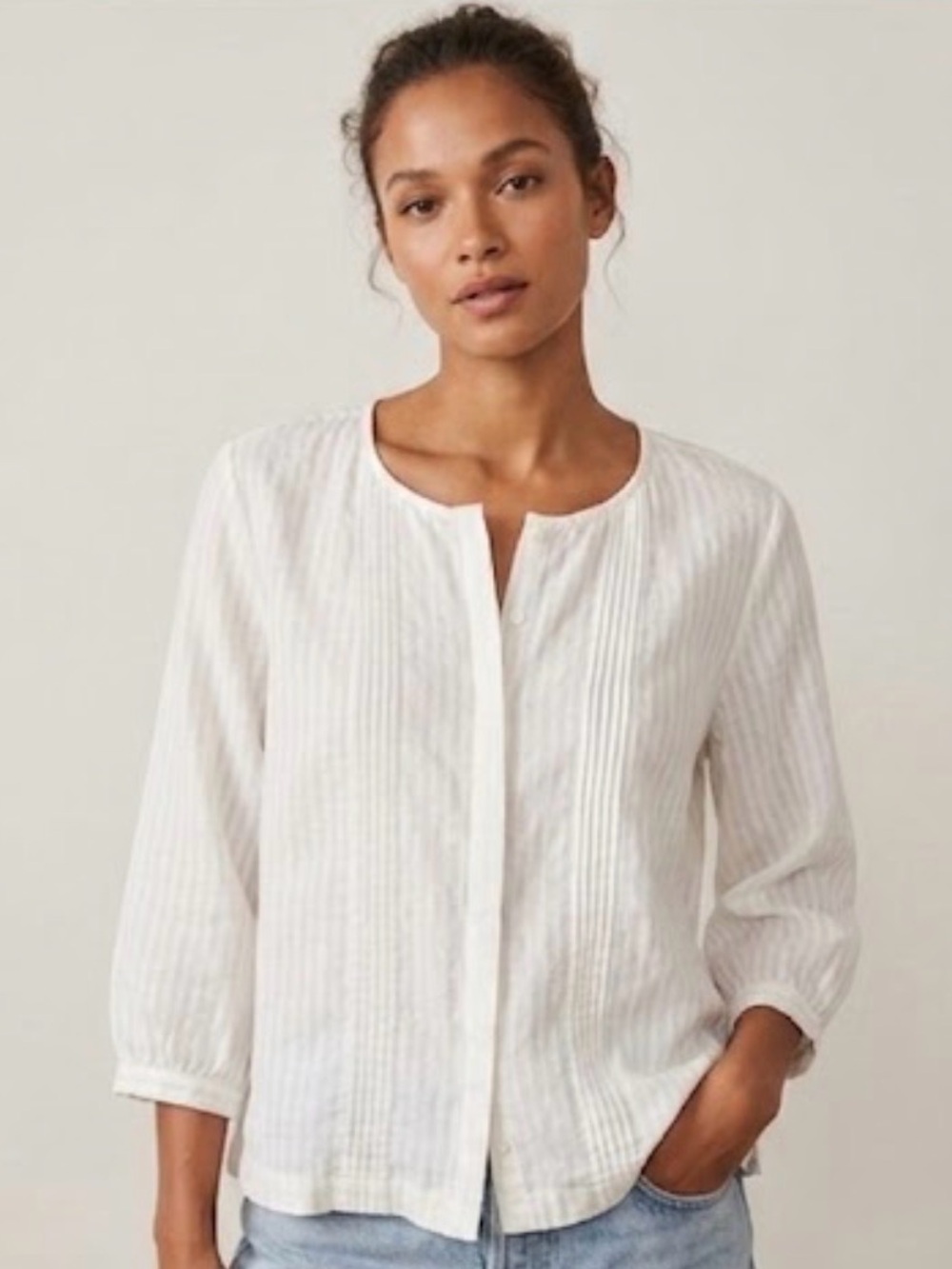 Frame pin tuck button up linen blouse white large